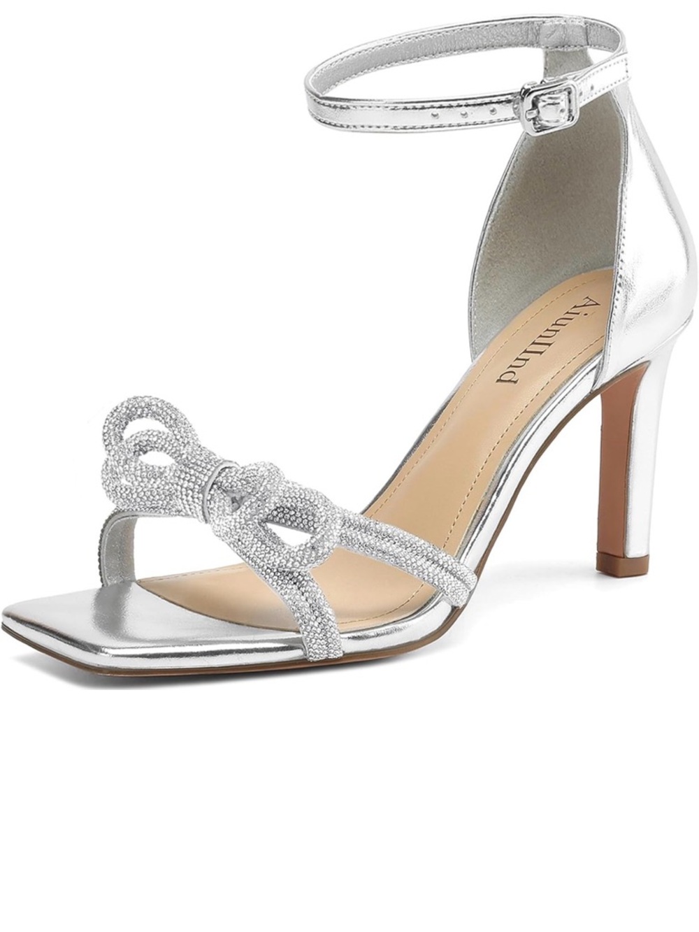 Aiunllnd Silver Rhinestone Bow Ankle-Strap Sandal size 9.5